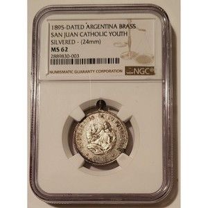 Argentina 1895-Dated Brass Medal (Silvered) San Juan Catholic Youth MS62 NGC